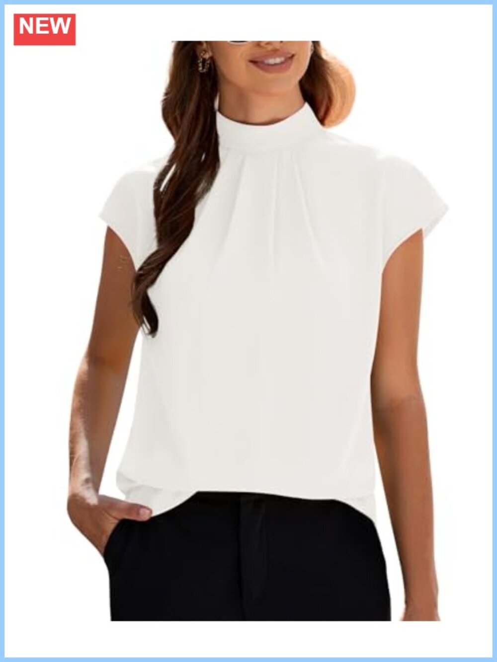 Womens Chiffon Blouse Mock Neck Cap Sleeve Pleated Tunic Work Top